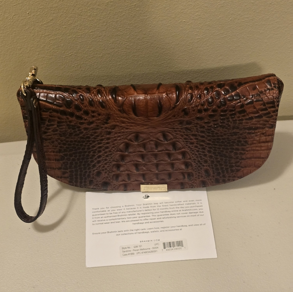 Brahmin Sandrine Crocodile-Embossed Clutch In Washed Pecan.